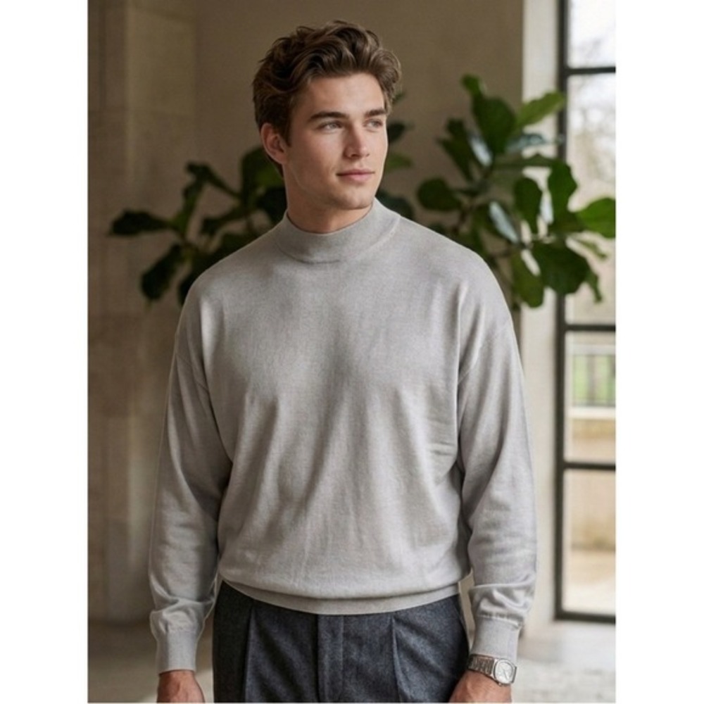 Pronto Uomo Light Gray Silk Cotton‎ Mock Neck Oversized Sweater L Quiet Luxury